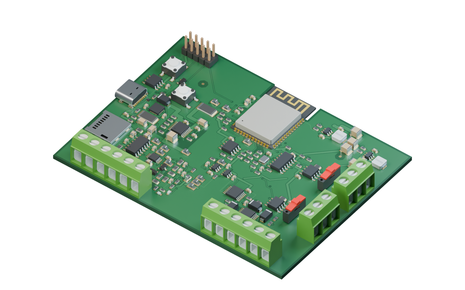 Atlas Control Hub PCB with terminal blocks, USB-C connector, wireless module and supporting components