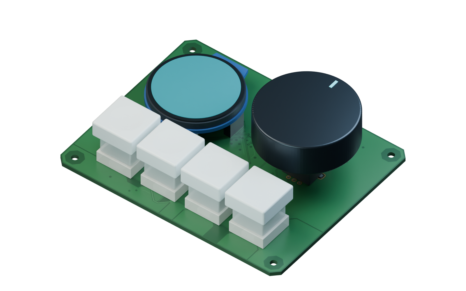OrbitX desktop controller with four keys, round display and rotary control, rendered from its PCB Studio project